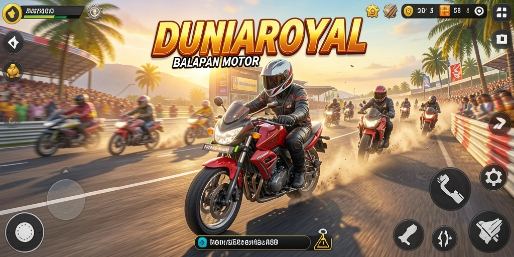 Screenshot utama DUNIAROYAL menampilkan aksi balapan motor yang menegangkan.