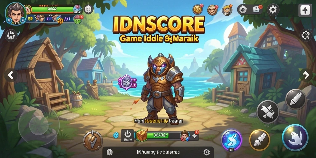 Screenshot gameplay IDNSCORE menampilkan aksi karakter mengumpulkan sumber daya.