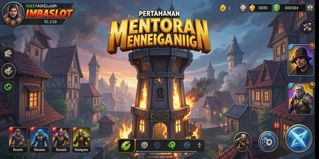 Tampilan gameplay IMBASLOT dengan menara pertahanan yang strategis.