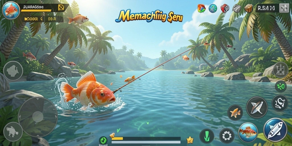 Tampilan gameplay JUARAGO menampilkan pengalaman memancing yang seru dan realistis.