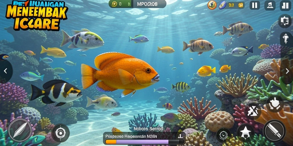 Tampilan gameplay MPO08 yang menampilkan aksi menembak ikan yang seru.