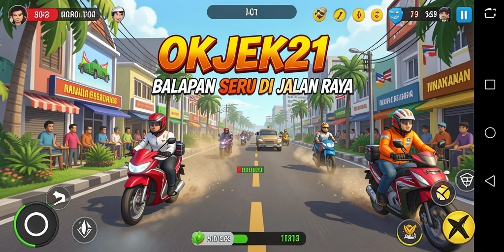 Screenshot gameplay OKJEK21 dengan balapan seru di jalan raya.